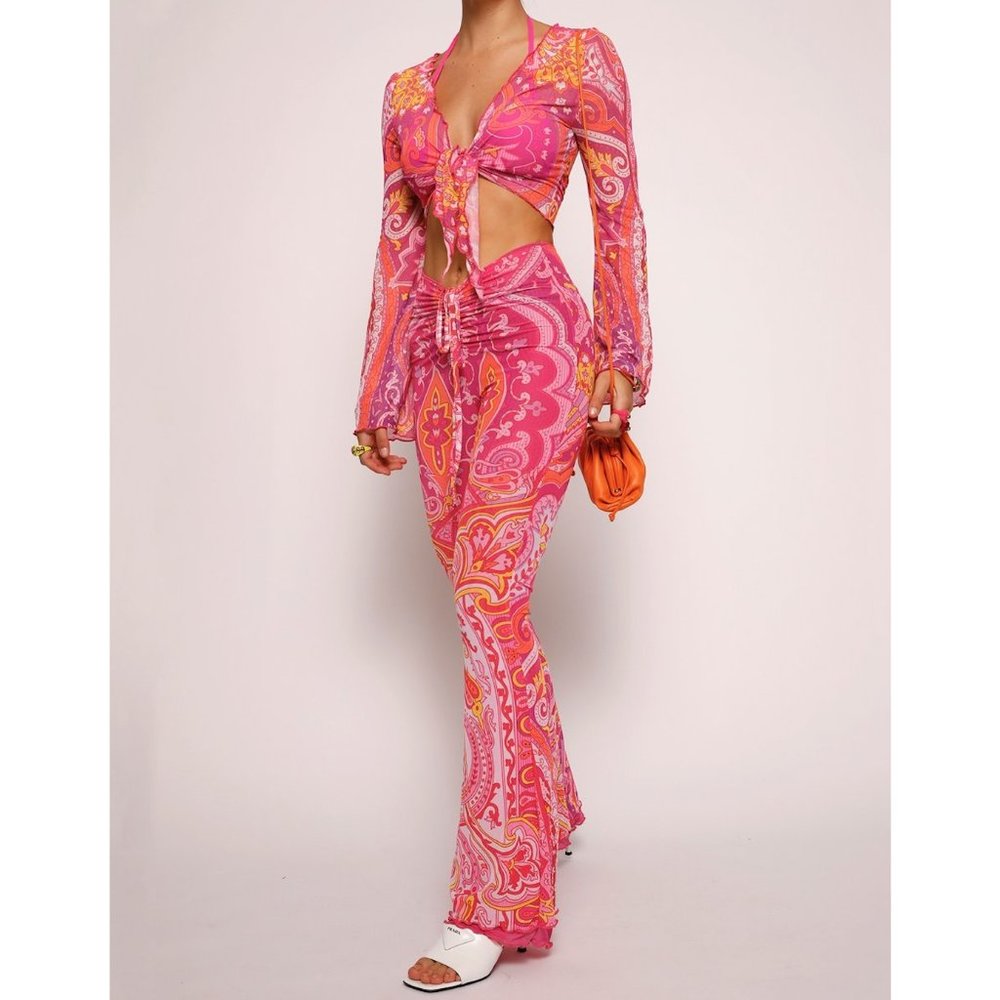 Tiger Mist Pink and Orange Paisley Two-Piece Set | disco pants and tie-front top